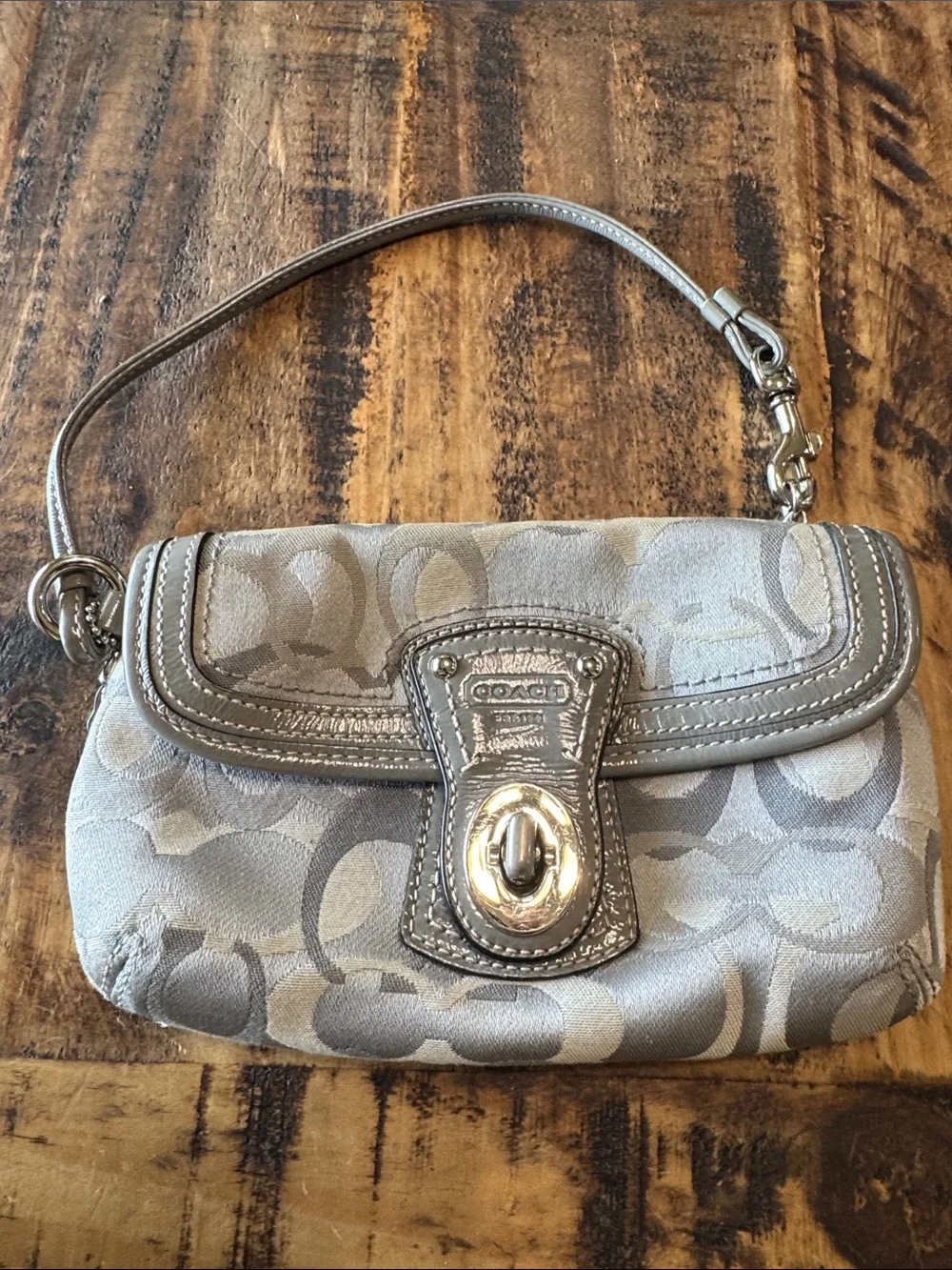 Coach Silver Signature Jacquard Turnlock Wristlet